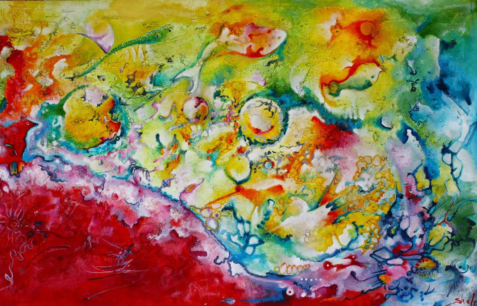 Gaviotas, peces y el pájaro rojo