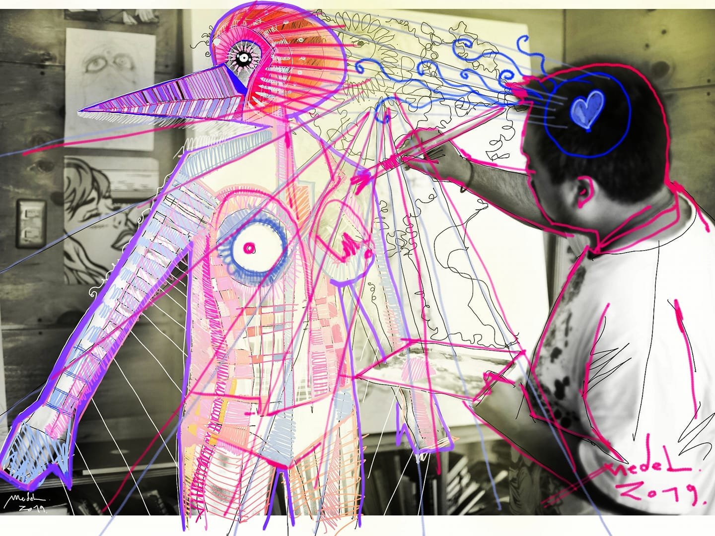 Mujer Pajaro en proceso de pintura en T13X